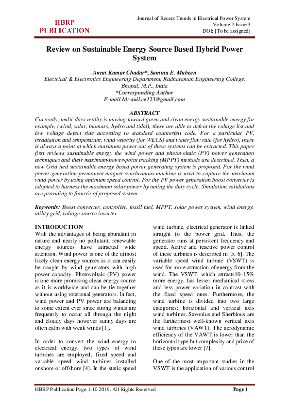 (PDF) Review on Sustainable Energy Source Based Hybrid Power System