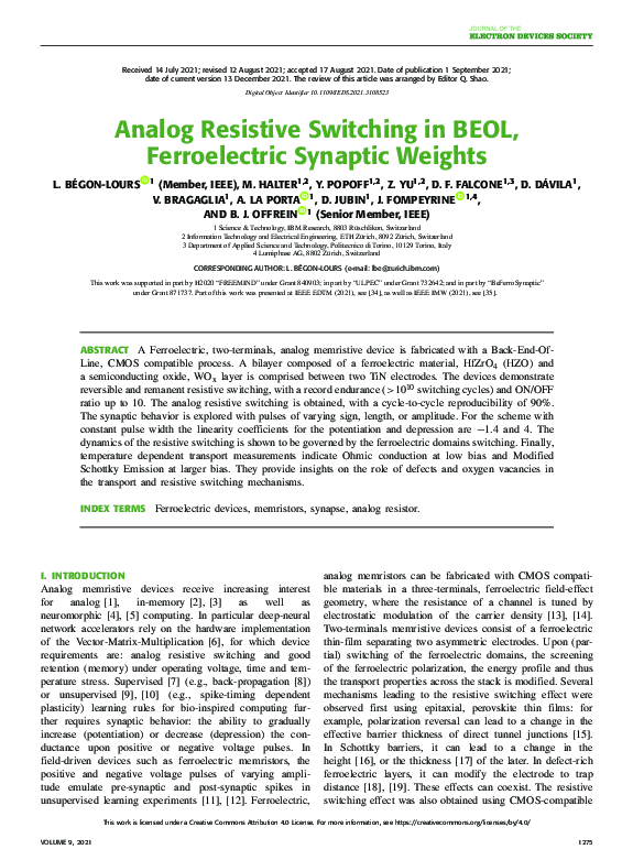 (PDF) Analog Resistive Switching in BEOL, Ferroelectric Synaptic Weights