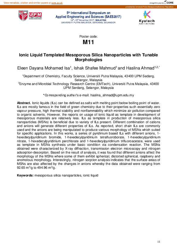 (PDF) Ionic liquid templated mesoporous silica nanoparticles with ...