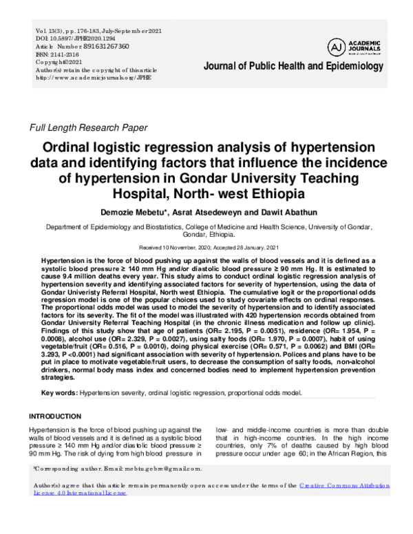 (PDF) Ordinal logistic regression analysis of hypertension data and ...
