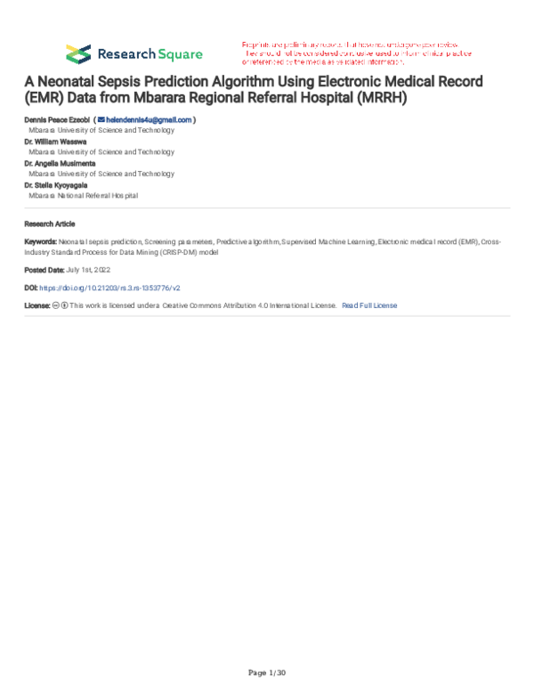 (PDF) A Neonatal Sepsis Prediction Algorithm Using Electronic Medical