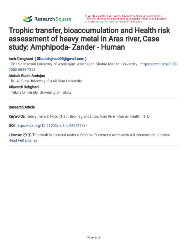 (PDF) Trophic transfer, bioaccumulation and Health risk assessment of ...