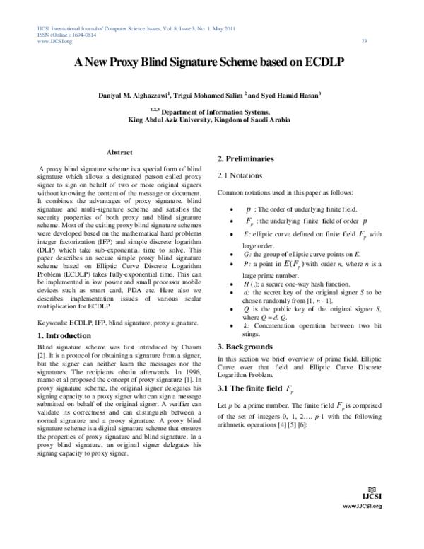 (PDF) A New Proxy Blind Signature Scheme based on ECDLP