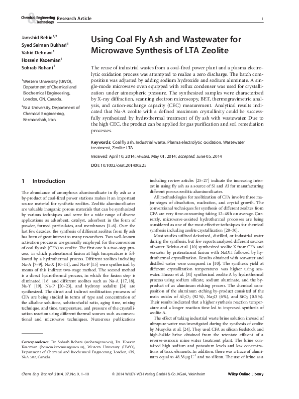 (PDF) Using Coal Fly Ash and Wastewater for Microwave Synthesis of LTA ...