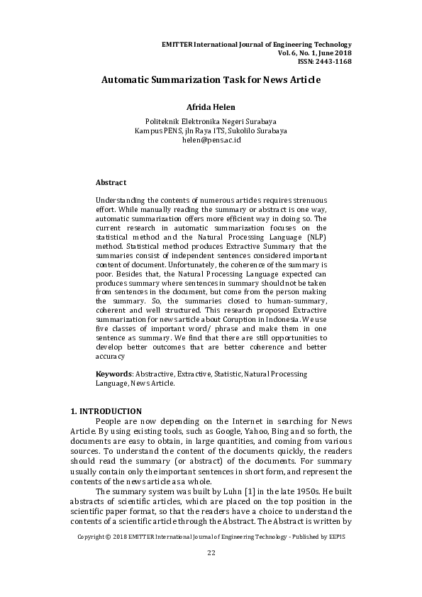 (PDF) Automatic Abstractive Summarization Task for New Article
