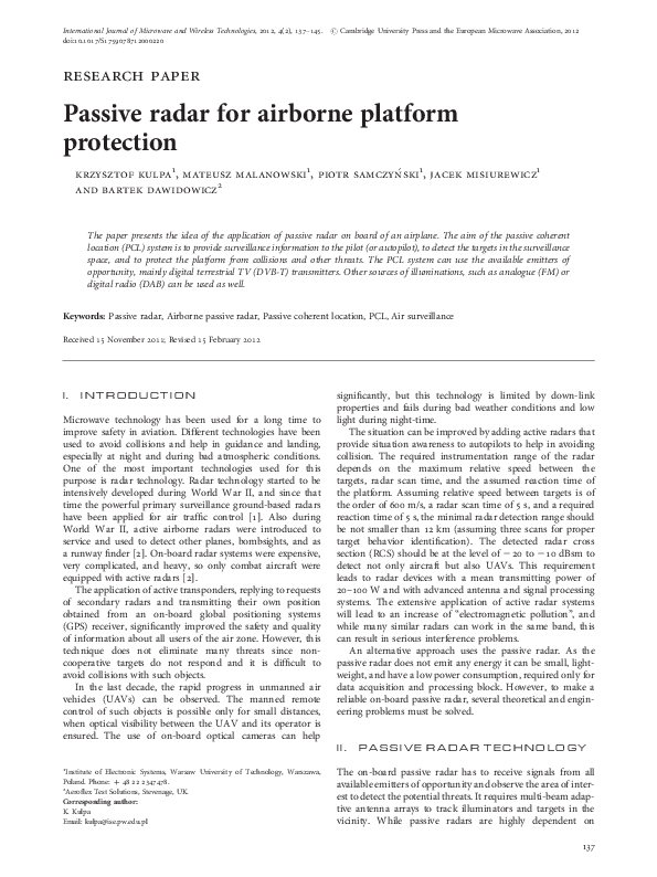 (PDF) Passive radar for airborne platform protection