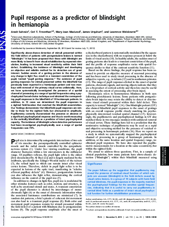 (PDF) Pupil response as a predictor of blindsight in hemianopia ceri