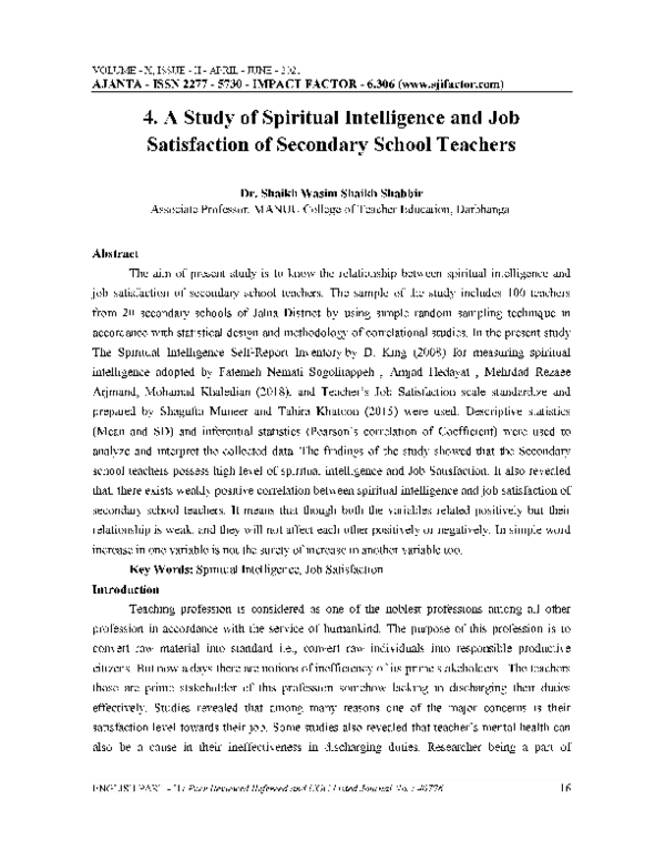 (PDF) A Study of Spiritual Intelligence and Job Satisfaction of ...