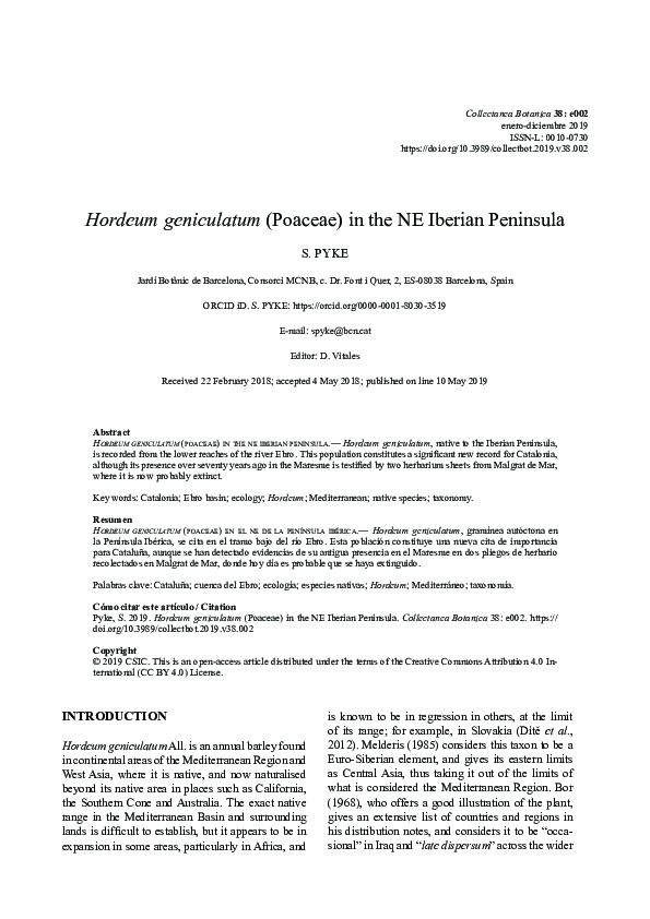 (PDF) Hordeum geniculatum (Poaceae) en el NE de la península ibérica ...