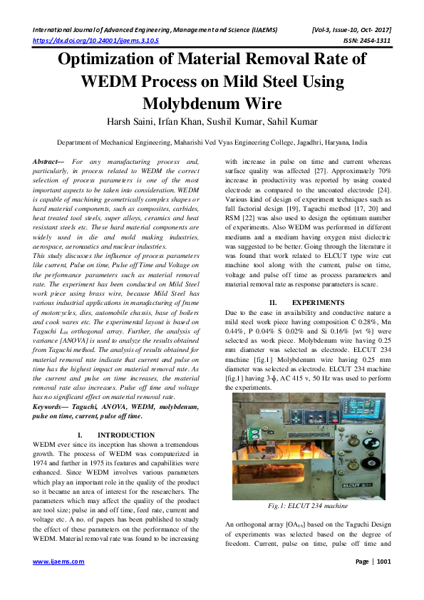 (PDF) Optimization of Material Removal Rate of WEDM Process on Mild ...
