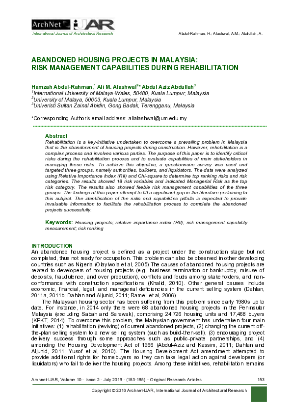 (PDF) Abandoned Housing Projects in Malaysia: Risk Management ...