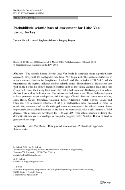(PDF) Probabilistic seismic hazard assessment for Lake Van basin, Turkey