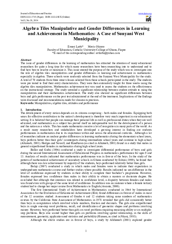(PDF) Algebra Tiles Manipulative and Gender Differences in Learning and ...