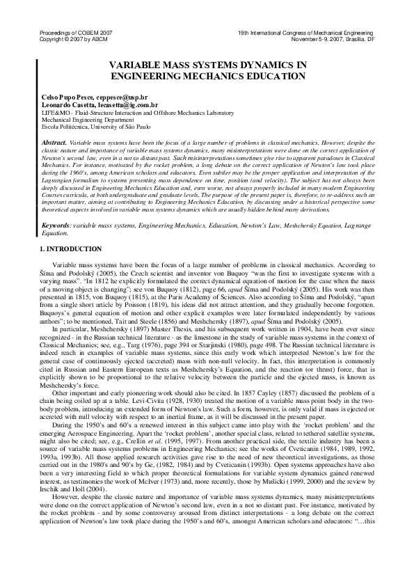 (PDF) Variable mass systems dynamics in engineering mechanics education