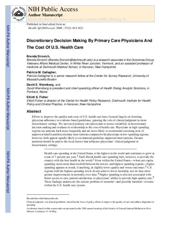 (PDF) Discretionary Decision Making By Primary Care Physicians And The ...