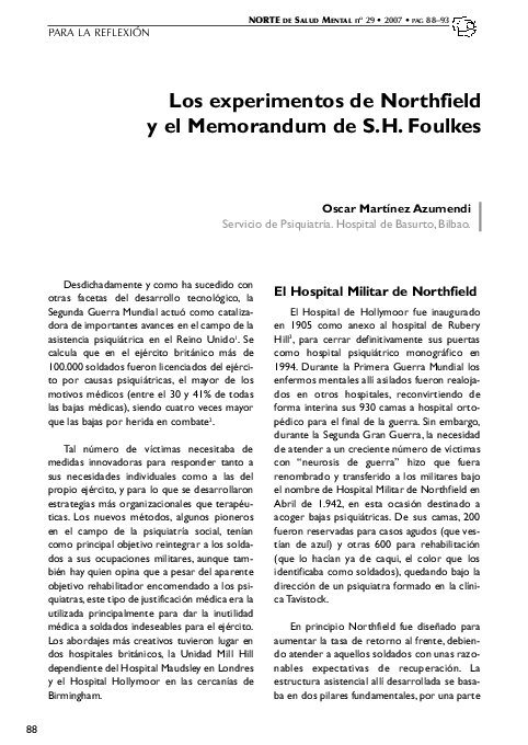 (PDF) Los experimentos de Northfield y el Memorandum de S.H. Foulkes