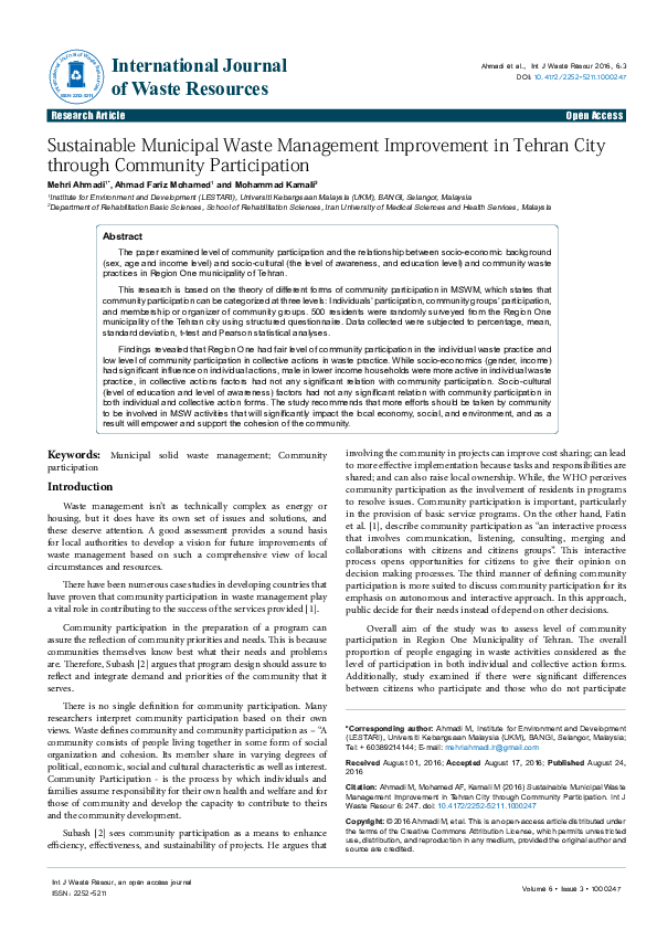 (PDF) Sustainable Municipal Waste Management Improvement in Tehran City ...
