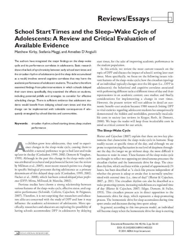 (PDF) School Start Times and the Sleep–Wake Cycle of Adolescents