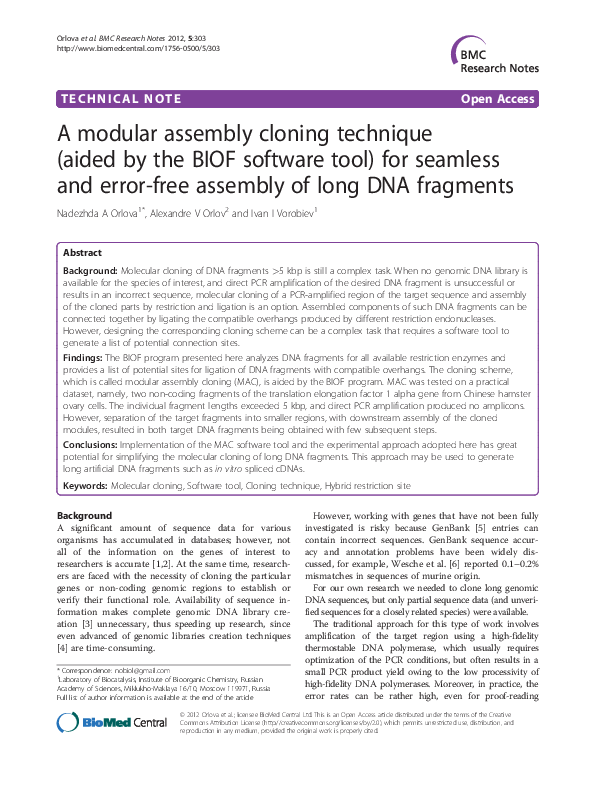 (PDF) A modular assembly cloning technique (aided by the BIOF software ...