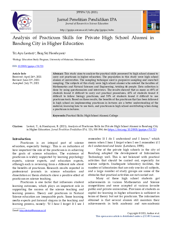 (PDF) Analysis of Practicum Skills for Private High School Alumni in ...