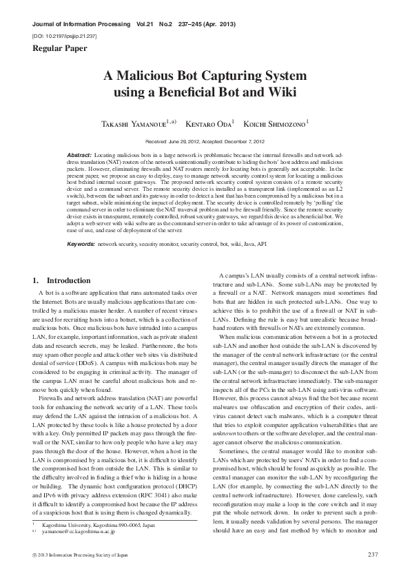 (PDF) A Malicious Bot Capturing System using a Beneficial Bot and Wiki