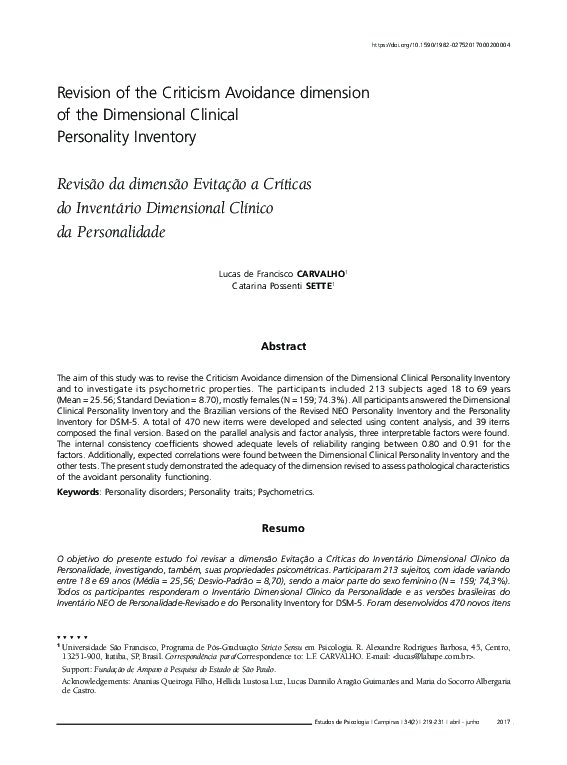 (PDF) Revision of the Criticism Avoidance dimension of the Dimensional ...