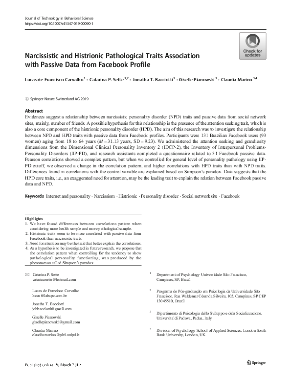 (PDF) Narcissistic and Histrionic Pathological Traits Association with ...