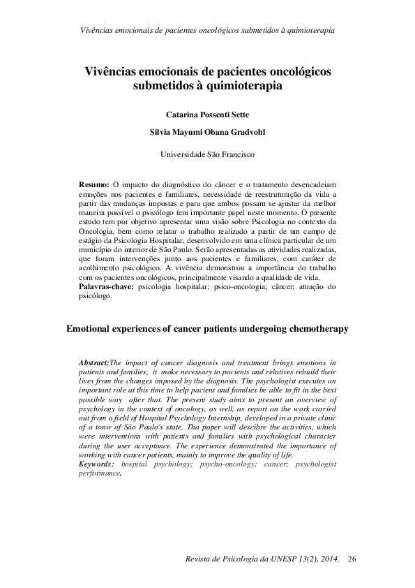 (PDF) Emotional experiences of cancer patients undergoing chemotherapy