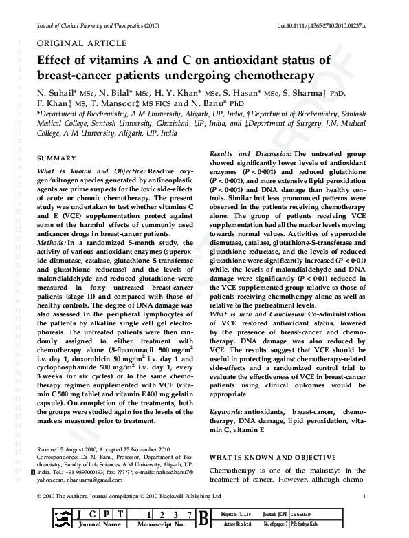 (PDF) Effect of vitamins C and E on antioxidant status of breast-cancer ...