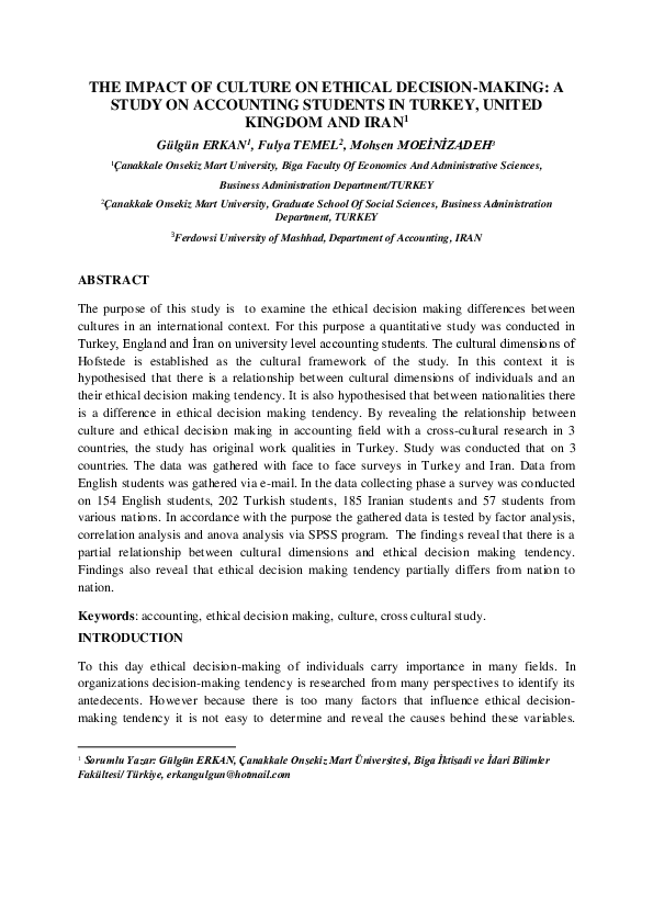 (PDF) THE IMPACT OF CULTURE ON ETHICAL DECISION-MAKING: A STUDY ON ...