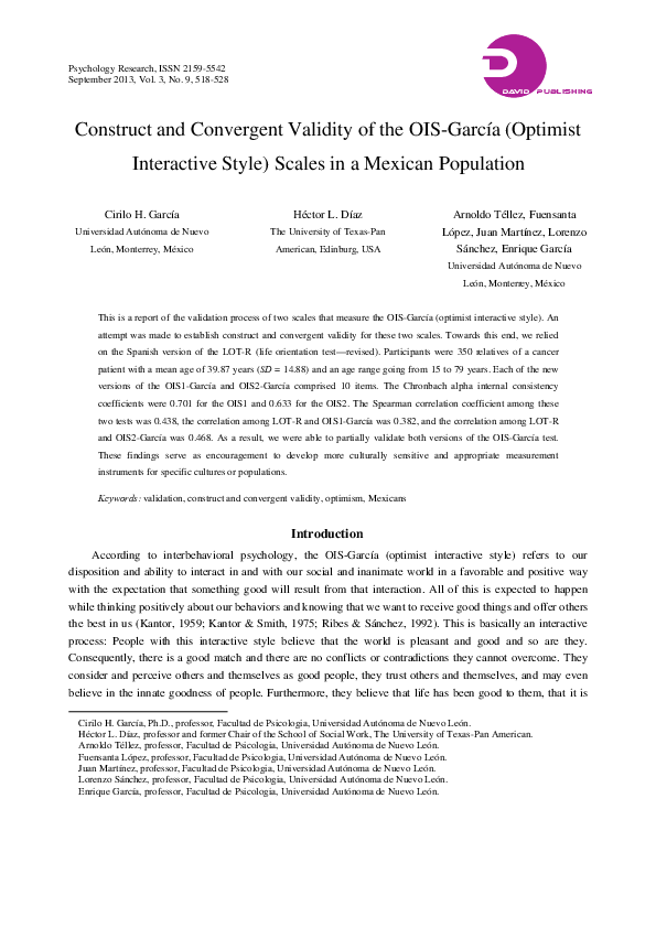 (PDF) Construct and Convergent Validity of the OIS-García (Optimist ...