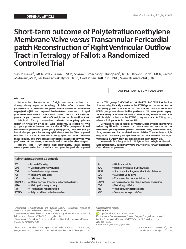(PDF) Short-term outcome of Polytetrafluoroethylene Membrane Valve ...