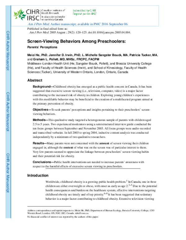 (PDF) Screen-Viewing Behaviors Among Preschoolers