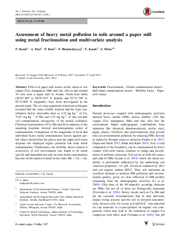 (PDF) Assessment of heavy metal pollution in soils around a paper mill ...