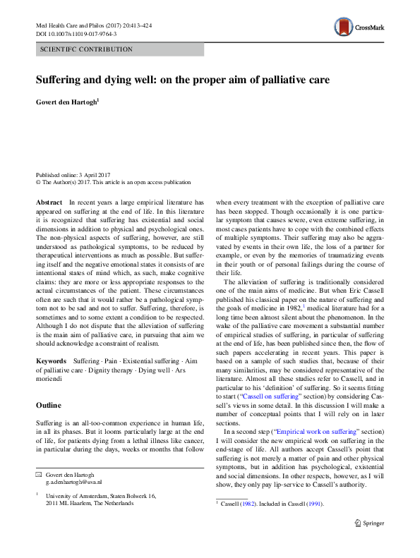 (PDF) Suffering and dying well: on the proper aim of palliative care