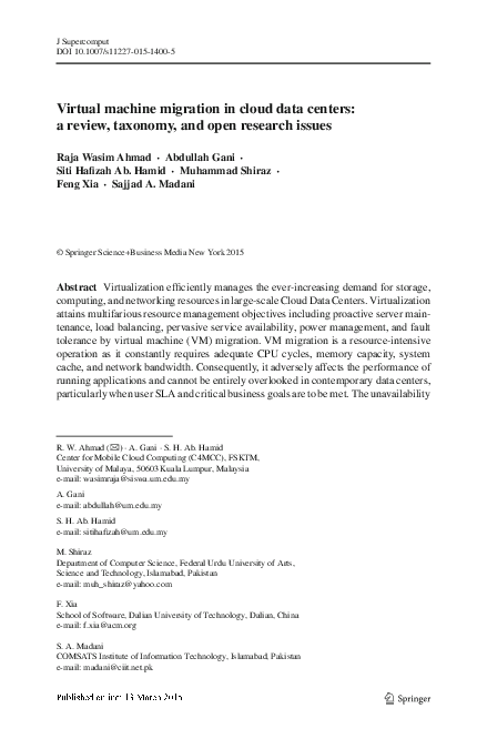 (PDF) Virtual machine migration in cloud data centers: a review ...