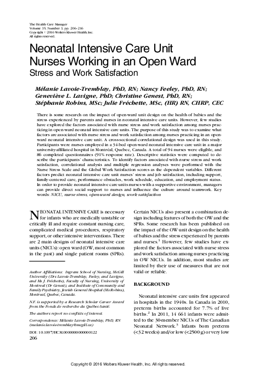 (PDF) Neonatal Intensive Care Unit Nurses Working in an Open Ward ...