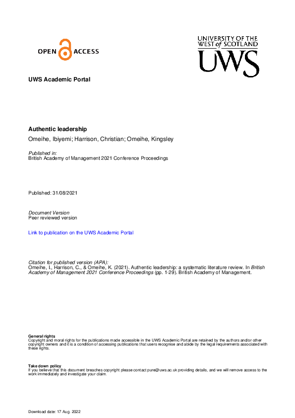 (PDF) Authentic Leadership a Systematic Literature Review