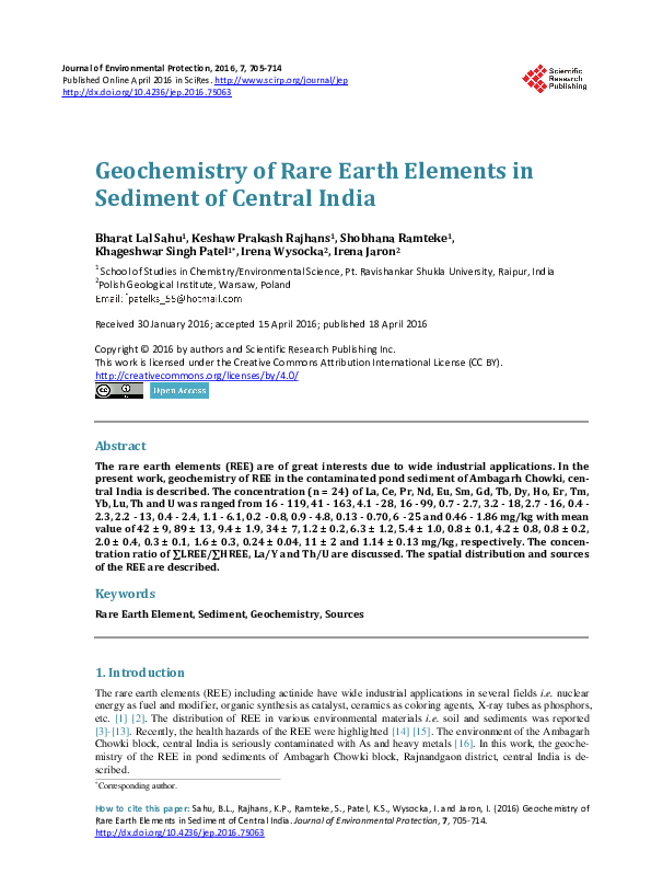 (PDF) Geochemistry of Rare Earth Elements in Sediment of Central India