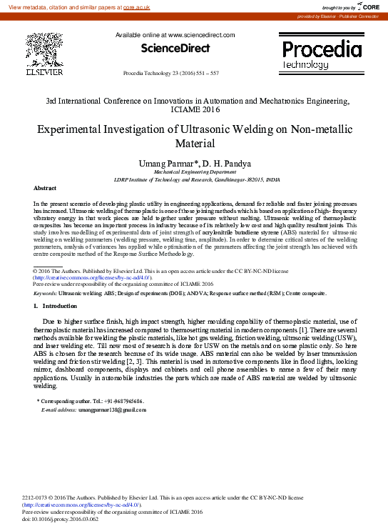 (PDF) Experimental Investigation of Ultrasonic Welding on Non-metallic ...