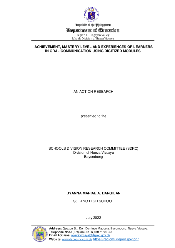 (PDF) ACHIEVEMENT, MASTERY LEVEL AND EXPERIENCES OF LEARNERS IN ORAL ...