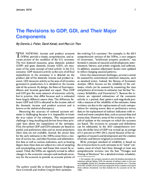 (PDF) Revisions to GDP, GDI, and Their Major Components