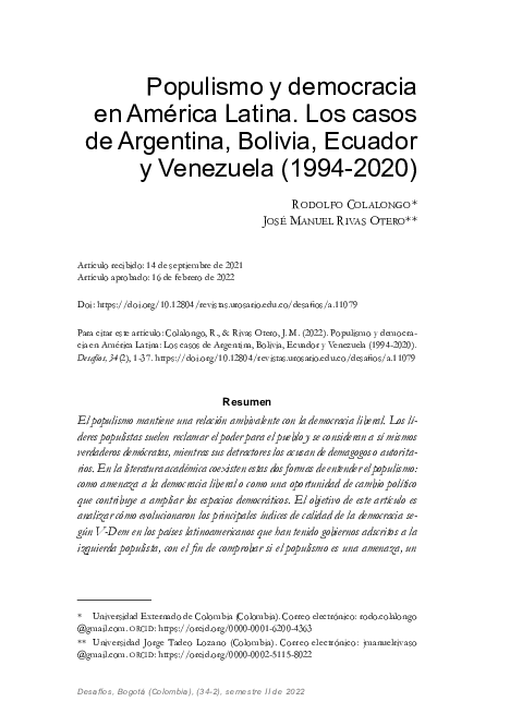 (PDF) Populismo y democracia en América Latina. Los casos de Argentina ...