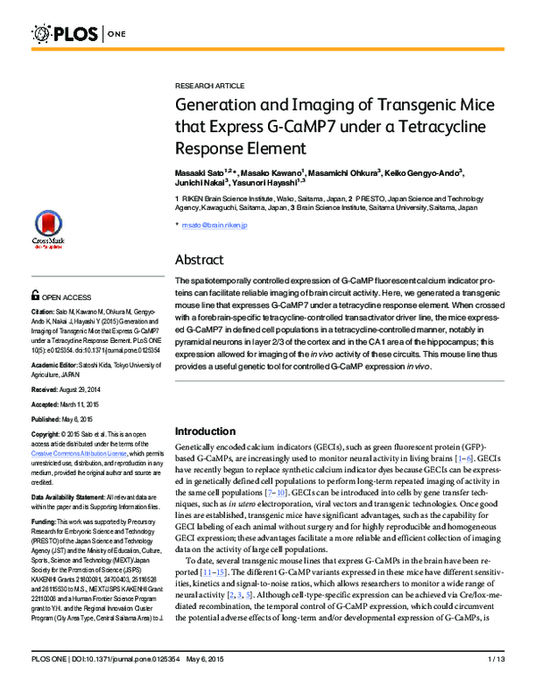 (PDF) Generation and Imaging of Transgenic Mice that Express G-CaMP7 ...