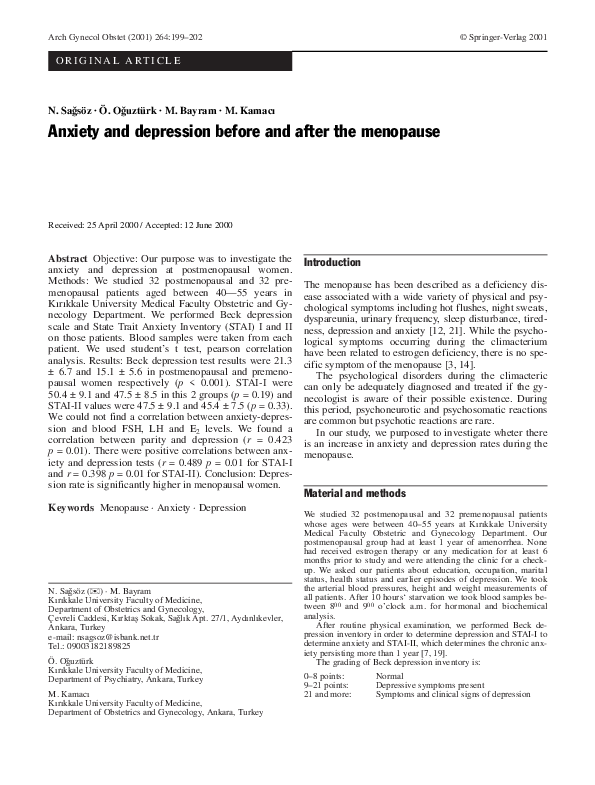 (PDF) Anxiety and depression before and after the menopause Nevin
