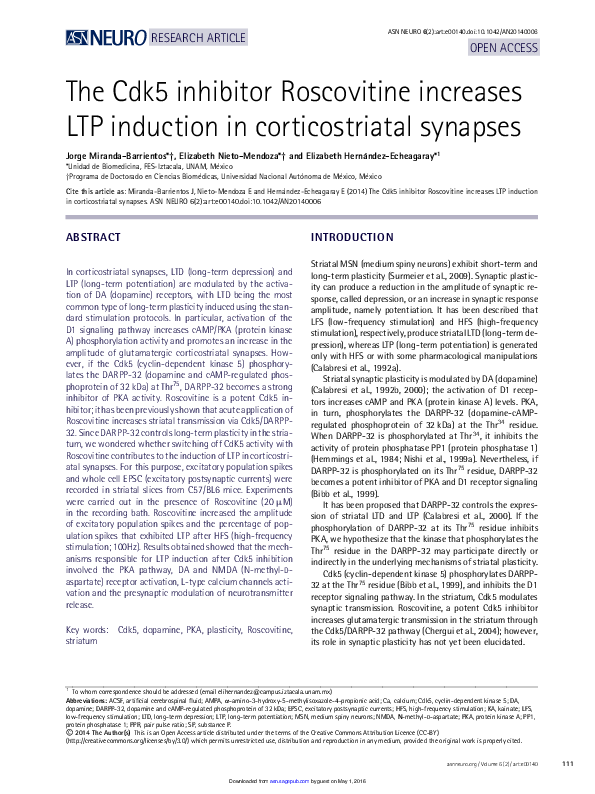 (PDF) The Cdk5 inhibitor Roscovitine increases LTP induction in ...