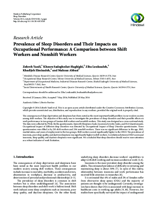 (PDF) Prevalence of Sleep Disorders and Their Impacts on Occupational ...