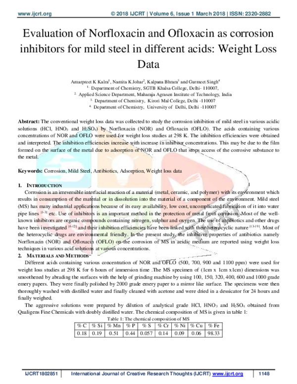 (PDF) Evaluation of Norfloxacin and Ofloxacin as corrosion inhibitors ...