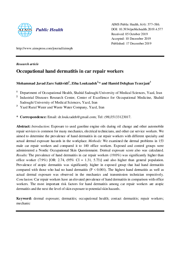(PDF) Occupational hand dermatitis in car repair workers Ziba