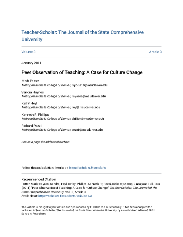 (PDF) Peer Observation of Teaching: A Case for Culture Change
